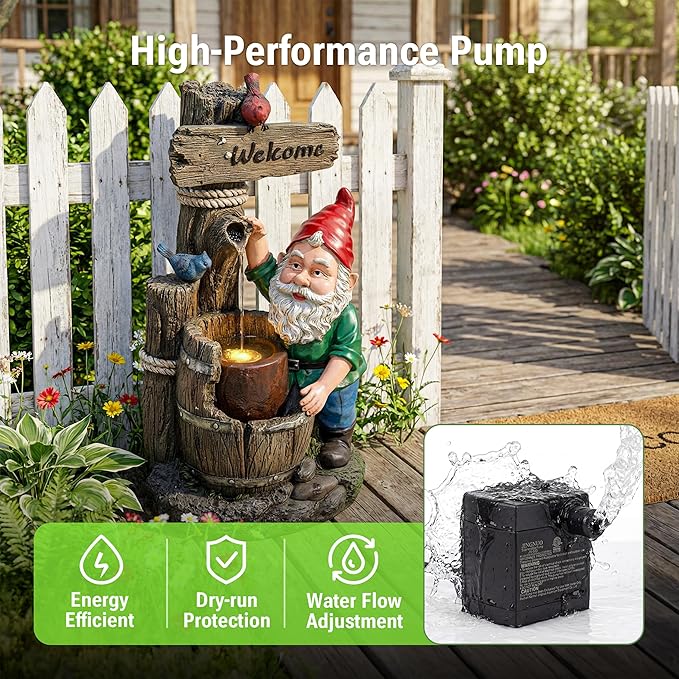 27-Inch Outdoor Water Fountain, 2-Tier Garden Gnomes Statue Resin Waterfall Fountain with Welcome Sign & Bird Accents & LED Light, Home Decor for Lawn, Patio, Porch, Backyard, Enterway in Brown