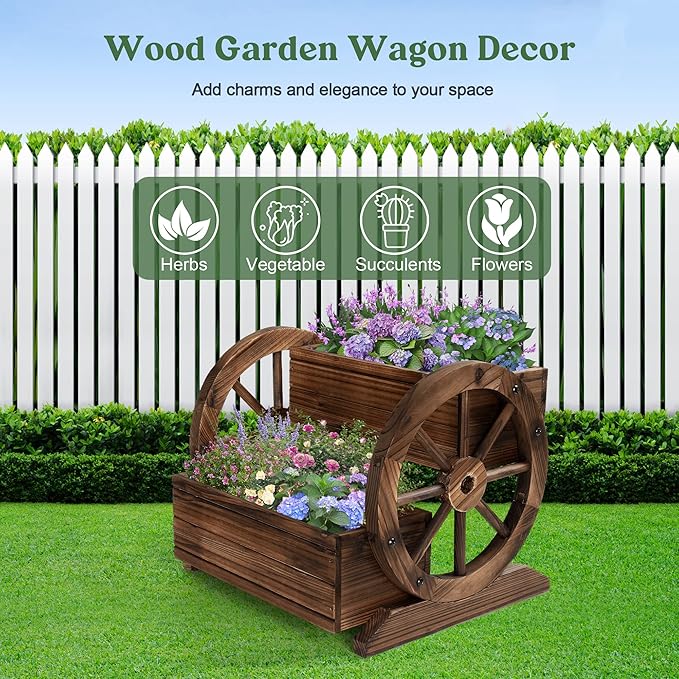 OIPRTGFJ 2PCS Wooden Wagon Planter Box, Garden Planter with Wheels,Decorative for Flowers Herbs Vegetables for Indoor & Outdoor Decor,Wooden Flower Cart for Patio Garden Balcony