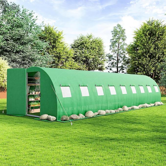 AMERLIFE 30×10 FT Tunnel Greenhouse with Built-in Sprinkler System, Walk-in Greenhouse for Backyard Gardening, Heavy Duty Galvanized Steel Frame & Waterproof PE Cover, Green