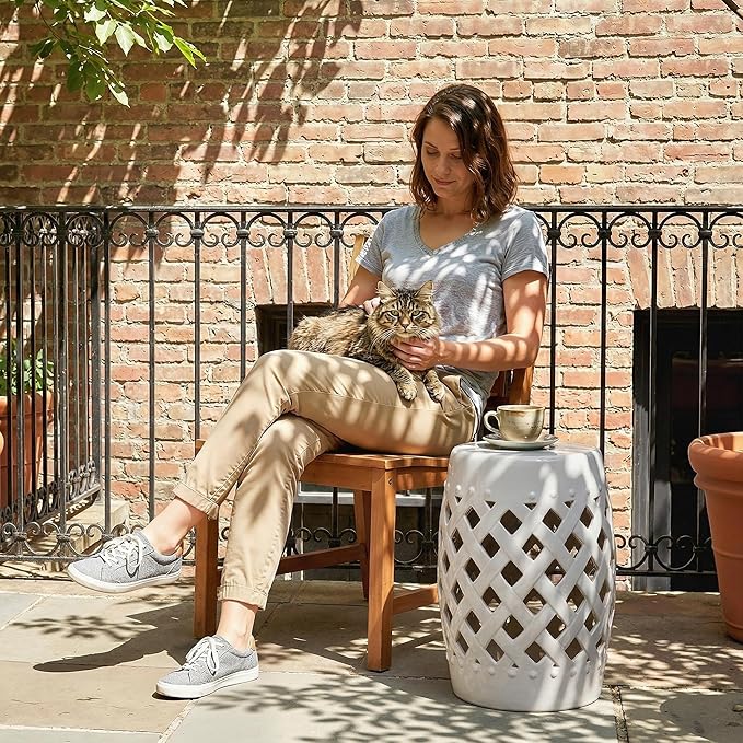 Outsunny 13" x 18" Ceramic Garden Stool with Woven Lattice Design & Glazed Strong Materials Decorative Outdoor Stool, White