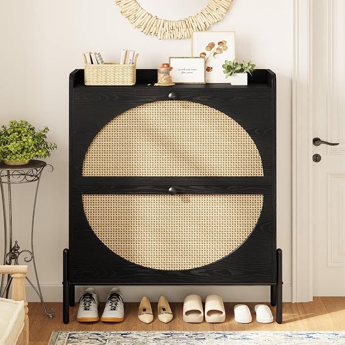 IRONCK Rattan Shoe Cabinet Storage with 2 Flip Drawers, Black
