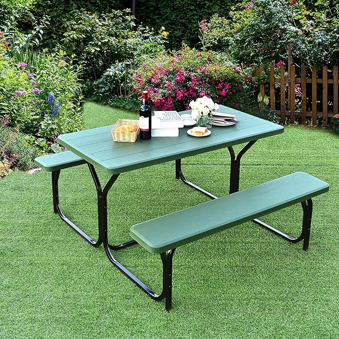 Hysache Picnic Table Bench Set, Patio All Weather Metal Base Camping Table Set w/Wood Texture Tabletop, Steel Frame, Large Camping Picnic Tables for Backyard Poolside Garden Patio Lawn (Green)