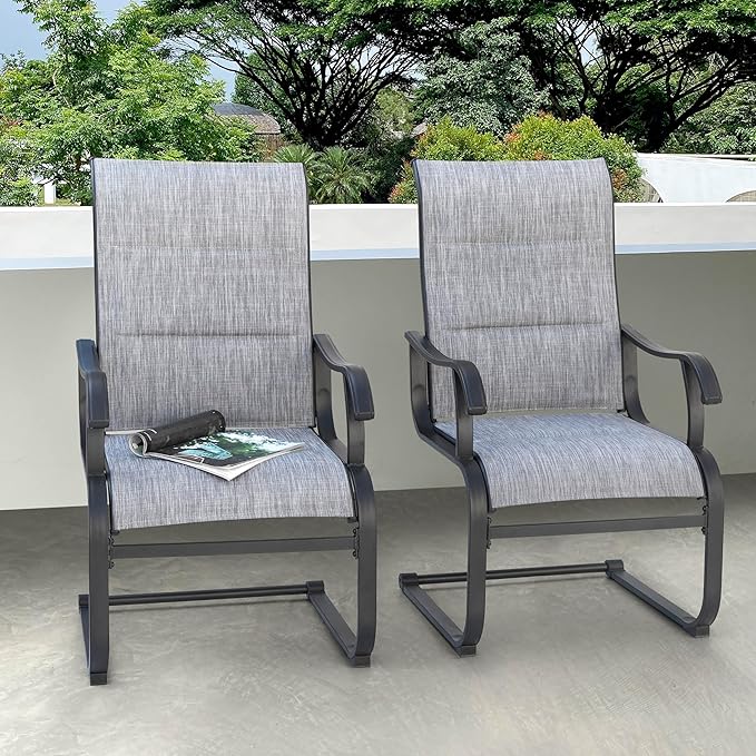NUU GARDEN Patio Dining Chairs Set of 2, All Weather Outdoor Padded Textilene Patio Chairs, Breathable Spring Motion Textile High Back Outdoor Dining Chairs for Backyard, Lawn, Deck, Grey