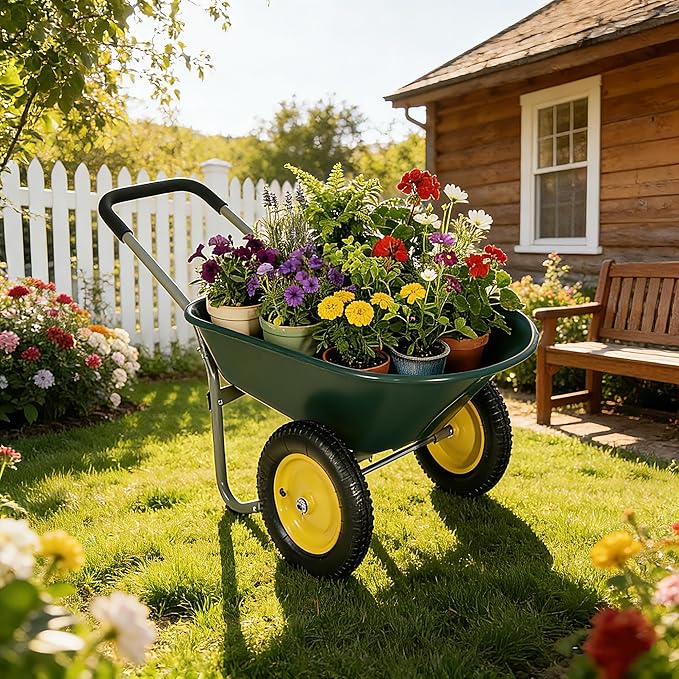 2 Wheel Wheelbarrow, Dual-Wheel Garden Dump Cart with 13" Non-Slip Pneumatic Tires & Ergonomic Padded Handle, Heavy-Duty Home Utility Yard Cart Wagon with 4.5 Cu Ft Capacity for Lawn, Gardening