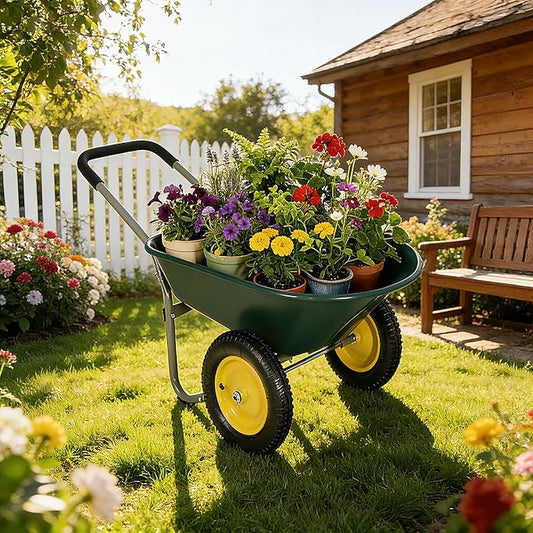 2 Wheel Wheelbarrow, Dual-Wheel Garden Dump Cart with 13" Non-Slip Pneumatic Tires & Ergonomic Padded Handle, Heavy-Duty Home Utility Yard Cart Wagon with 4.5 Cu Ft Capacity for Lawn, Gardening