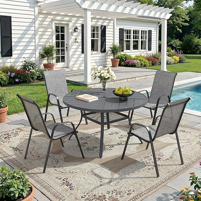 DIFY Patio Chairs Set of 4, Stackable Outdoor Dining Chairs Set with Breathable Textilene High Back and All-Weather Metal Frame for Garden, Backyard, Deck, Grey