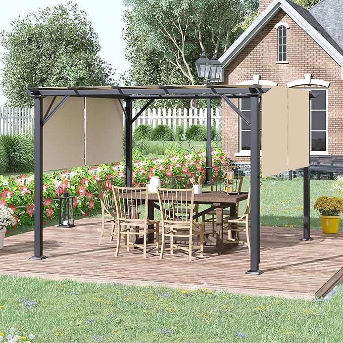 Outsunny 12' x 10' Outdoor Retractable Pergola Canopy with Sun Shade Unique Design Canopy Patio Metal Shelter for Garden Porch Beach, Beige