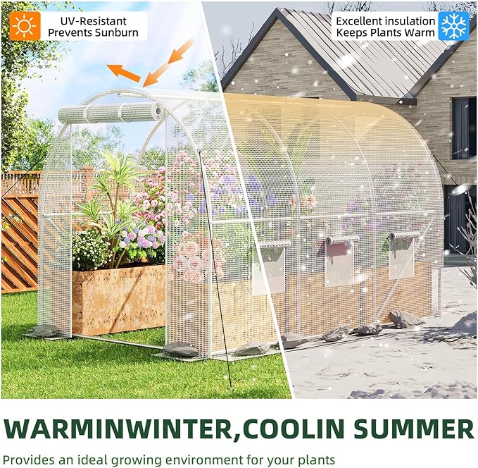 Superlele 10x7x7FT Tunnel Greenhouse for Outdoors, Heavy Duty Walk in Greenhouse, Large Garden Green House with Reinforced PE Mesh Cover, 6 Windows with Screen, Stakes and Ropes, White