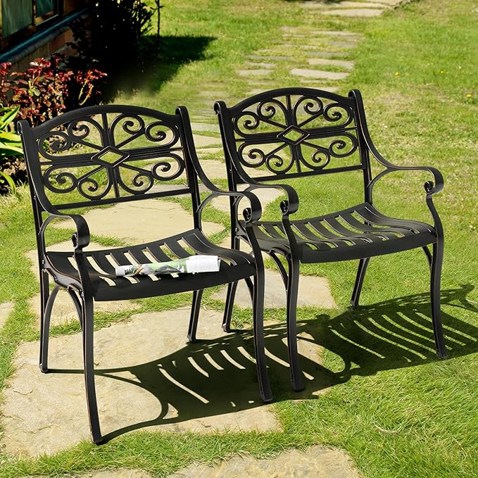 NUU GARDEN Patio Dining Chairs Set of 2, Cast Aluminum Outdoor Chairs with Armrests, Bistro Patio Chairs for Garden Lawn Porch Backyard Poolside, Black with Gold Painted Edges