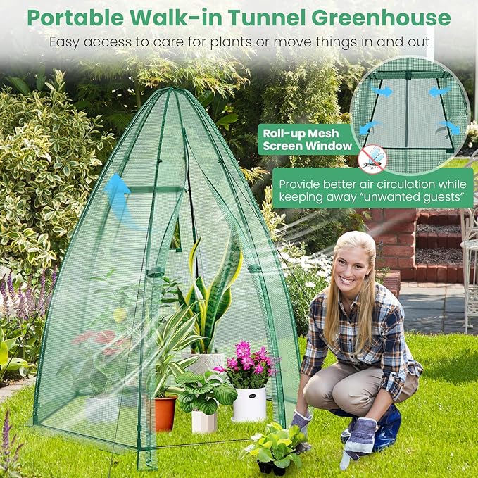 Happygrill Portable Mini Greenhouse, Garden Green House W/Roll-up Zipper Door and Window, Windproof PE Cover, 9 Ground Stakes & 4 Windproof Ropes, Indoor and Outdoor Greenhouse for Backyard