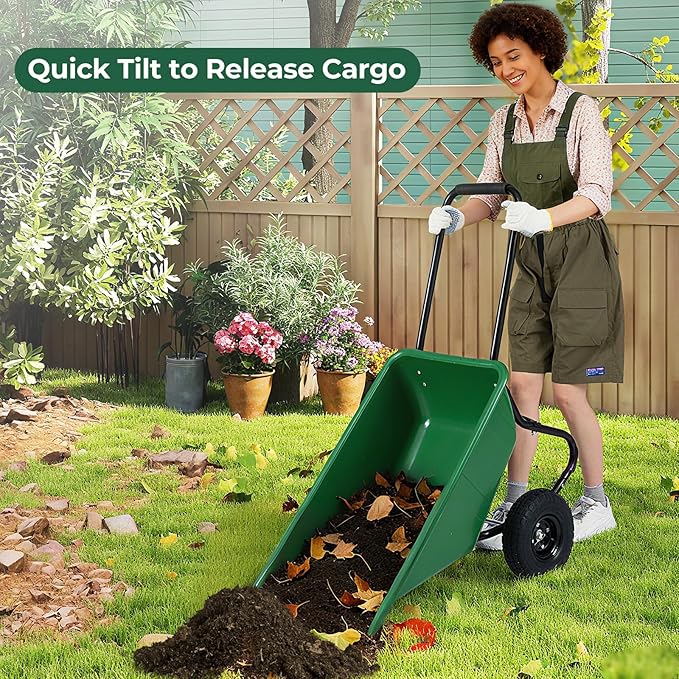 Giantex Dual-Wheel Wheelbarrow, Heavy-Duty Garden Utility Cart with Built-in Stand, Pneumatic Tires, 330 Lbs Capacity, Foldable Handle, 21 Gal Dump Cart for Yard Lawn Moving Soil, Garden (Green)