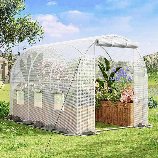 Superlele 10x7x7FT Tunnel Greenhouse for Outdoors, Heavy Duty Walk in Greenhouse, Large Garden Green House with Reinforced PE Mesh Cover, 6 Windows with Screen, Stakes and Ropes, White