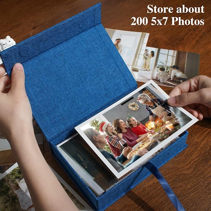 Photo Storage Box 5x7, Keepsake Box - Blue | Linen Material, Connected Lid, for Photos, Certificates, Scrapbooking Supplies, Keepsakes, Jewelry