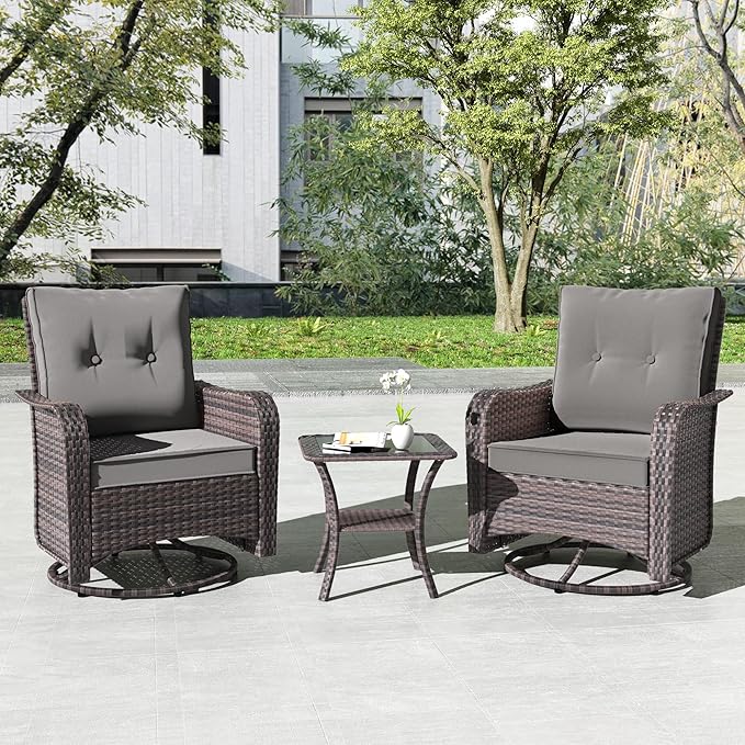Kullavik 3 Pieces Patio Furniture Set,Outdoor Swivel Rocking Chairs Porch Furniture Patio Rattan Chairs with Table,, Grey