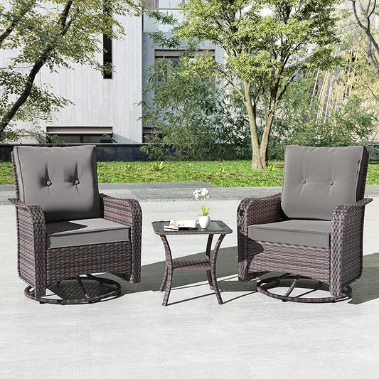 Kullavik 3 Pieces Patio Furniture Set,Outdoor Swivel Rocking Chairs Porch Furniture Patio Rattan Chairs with Table,, Grey