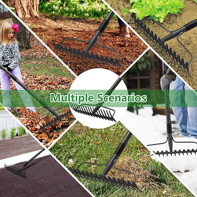 49 inch Bow Rake, 2-in-1 Metal Garden Lawn Rake for Weeding Digger Loosening Soil Raking Leaf Leveling Rocks Spreading Mulch Gravel 17 Tines Adjustable Garden RakeBow Rake