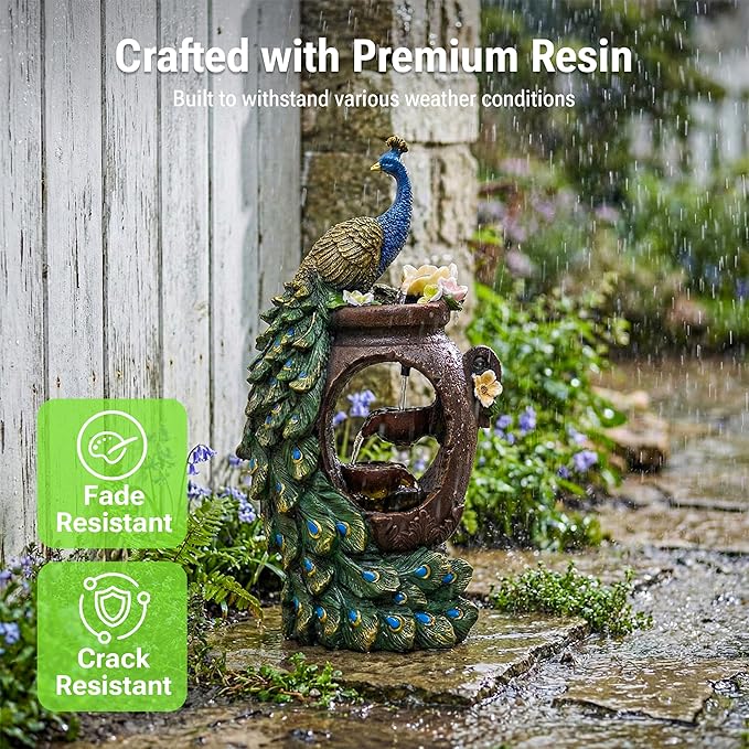 19-Inch Outdoor Water Fountain, 4-Tier Peacock and Cascading Bowls Resin Garden Fountain with Warm LED Light, Peacock Sculpture Water Feature for Garden, Yard, Patio, Deck, Lawn, Porch in Green