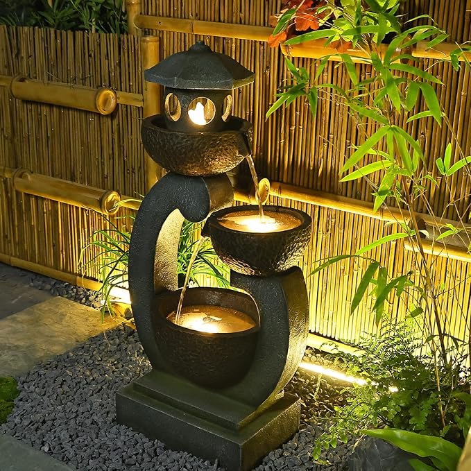 Tankana Outdoor Garden Water Fountain - Modern Tranquil Zen Pagoda Waterfalls Fountains Bowl with LED Lights & Pump for Patio Yard Porch Pool Decor, Gray, 35.5 inches