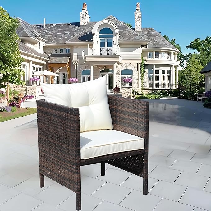Patio Dining Chairs with Cushions, Outdoor Wicker Chairs for Fire Pit Garden Poolside, Rattan Chair with Beige Seat