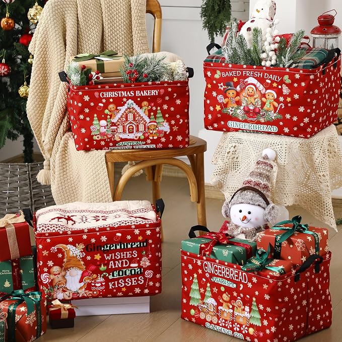 4 Pcs Gingerbread Man Christmas Basket Red Fabric Bins 15x10x8