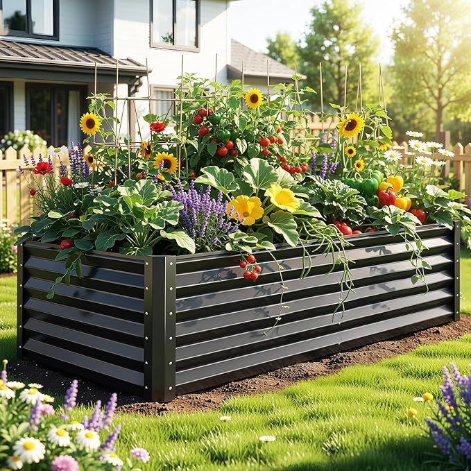 YITAHOME 6x3x1.5 2pcs Large Raised Garden Bed Kit, Galvanized Metal Planter Box with Gloves, Ground Nails, Support Rod, Outdoor Above Ground Planters for Plants Vegetables Flowers, Black