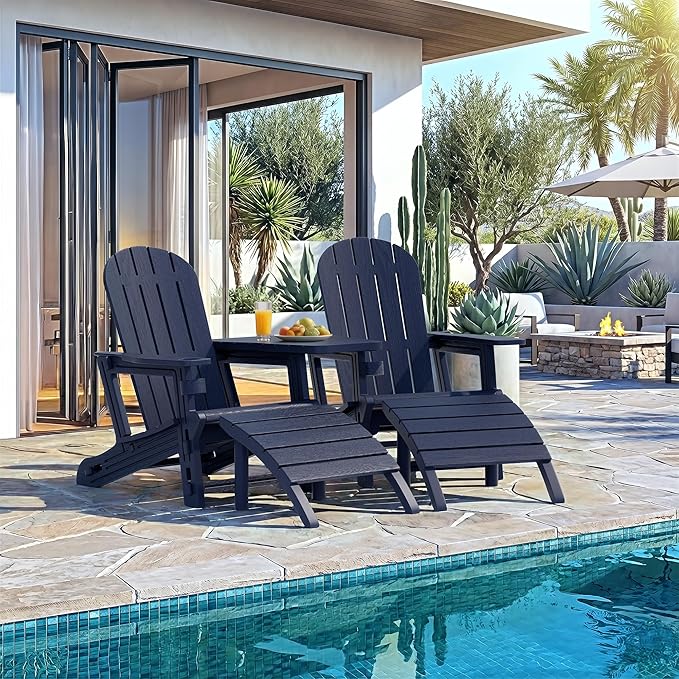 Vongrasig Adirondack Chairs Set of 2 with Removable Tabletop and Footrest, HDPE Plastic Outdoor Chair Set with Wooden Textured, Cup Holder for Patio, Poolside, Garden, Dark Blue, 5 Pieces