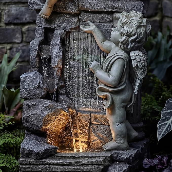 41-Inch Outdoor Water Fountain with Angels Statues, Cascading Stone-Look Resin Waterfall Fountain with 2 Warm LED Lights, Home Art Decor for Garden, Patio, Yard, Balcony, Deck, Lawn in White