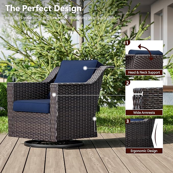 Outdoor Swivel Chairs Set of 2, Luxury Wicker Patio Chair with Wide Armrest, Thickened Cushions, Outdoor Rattan Furniture for Deck, Porch Use