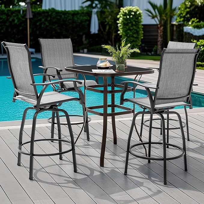 NUU GARDEN 5 PCS Patio Bar Set, Outdoor Tempered Glass Square Bar Table and Textilene Swivel Bar Stools with High Backrest, Bar Height Outdoor Table and Chairs for Patio, Garden, Backyard and Balcony
