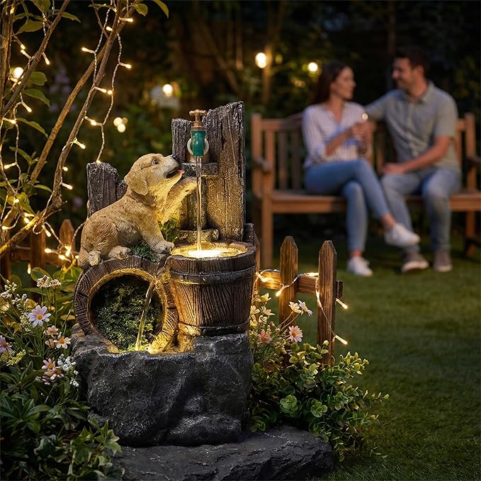 20-Inch Outdoor Water Fountain, 3-Tier Rustic Barrel Puppy and Pump Resin Waterfall Fountain with 2 LED Lights, Water Feature for Farmhouse, Garden, Patio, Backyard, Deck, Lawn in Brown