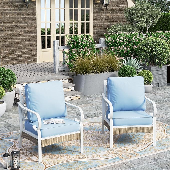HERA'S HOUSE Patio Chairs Set of 2, High Back Outdoor Metal Frame Chairs with Cushions, All Weather Outdoor Patio Furniture for Lawn Garden Backyard Deck, Blue