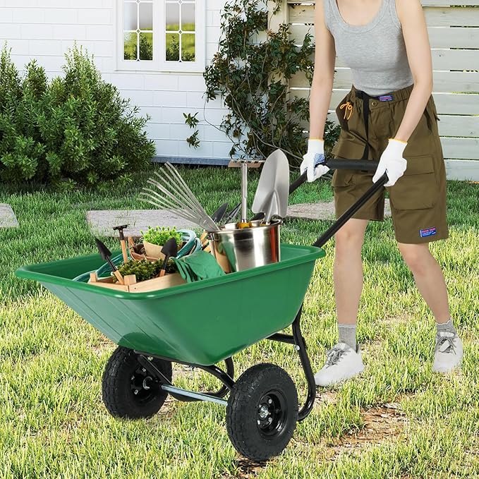 Giantex Dual-Wheel Wheelbarrow, Heavy-Duty Garden Utility Cart with Built-in Stand, Pneumatic Tires, 330 Lbs Capacity, Foldable Handle, 21 Gal Dump Cart for Yard Lawn Moving Soil, Garden (Green)