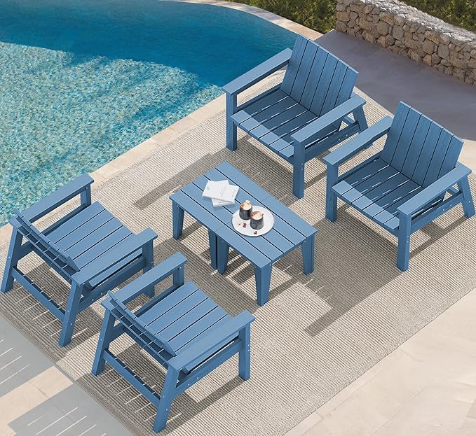 SERWALL Adirondack Chair Set, Includes Adirondack Chairs Set of 2 and 1 Piece Outdoor Side Table, HDPE Bistro Set- Blue