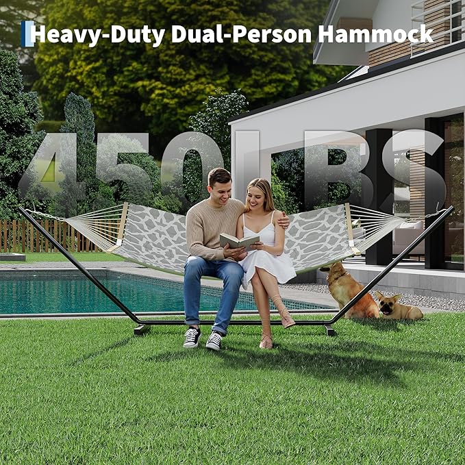 2 Person Double Hammock with Adjustable Steel Stand & Pillow, Heavy Duty Portable Outdoor Hammock Set, MAX 450 LBS Weight Capacity for Patio, Garden, Beach, Backyard