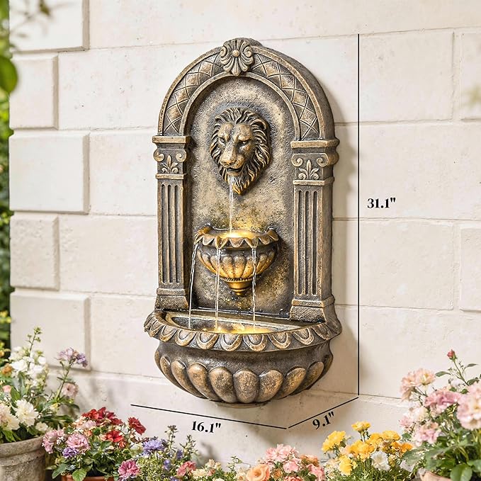 Outsunny 31" Wall-Mounted Outdoor Fountain, 3-Tier Cascading Water Feature with LED Lights and Adjustable Flow, Resin Garden Fountain for Patio Backyard, Bronze