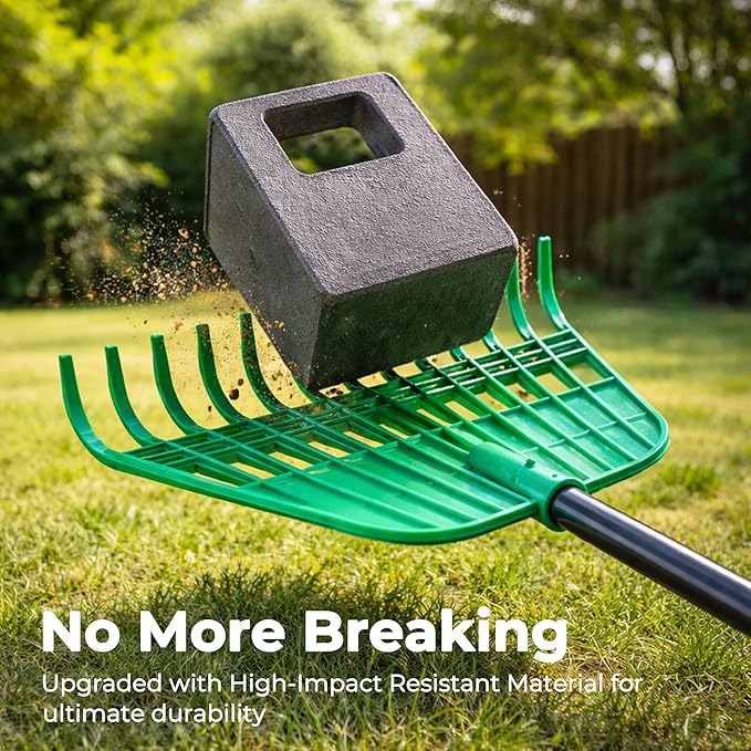Gardzen 67 Inch Long Handle Rake for Leaves and Lawns, 12 Tines Plastic Head Leaf Rake for Artificial Grass, Pine Needles with Yard Waste Bag and Gloves