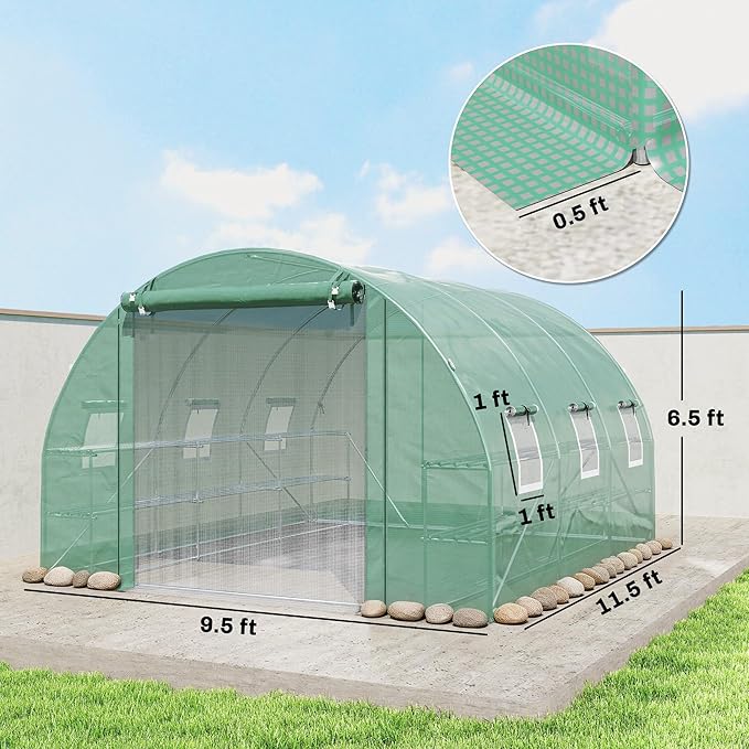Outsunny 10'x11'x6' Walk-in Tunnel Greenhouse with Shelves, Mesh Door and Windows, Hoop House Greenhouse with PE Cover, Outdoor Green House for Patio Lawn Garden, Green