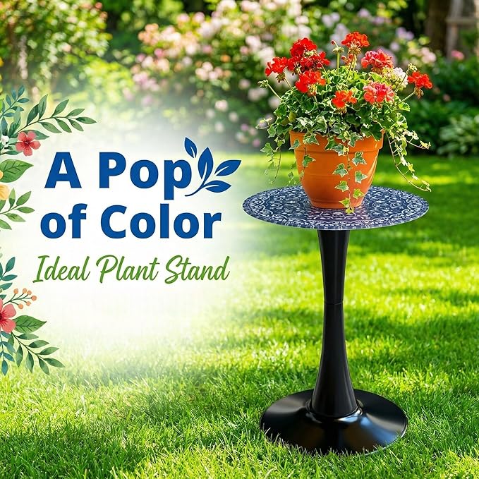 Simmer Stone 13.4" Outdoor Side Table, Round Patio Bistro Table Printed Tempered Glass Top, Waterproof Rust-Proof Base, Small Plant Stand for Balcony, Garden, Deck, 21.6" H (Blue Maze)