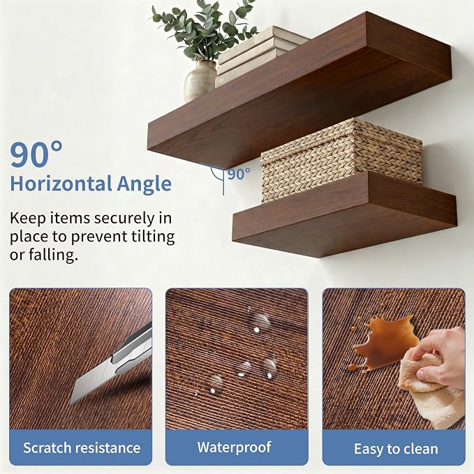 Walnut Floating Shelves for Wall, 12 Inch Wooden Shelves Set of 4 | Bathroom Storage Shelves, Easy Install, Heavy Duty, 33lbs Max Load, Hidden Brackets, Bedroom Living Room Kitchen Books Decor