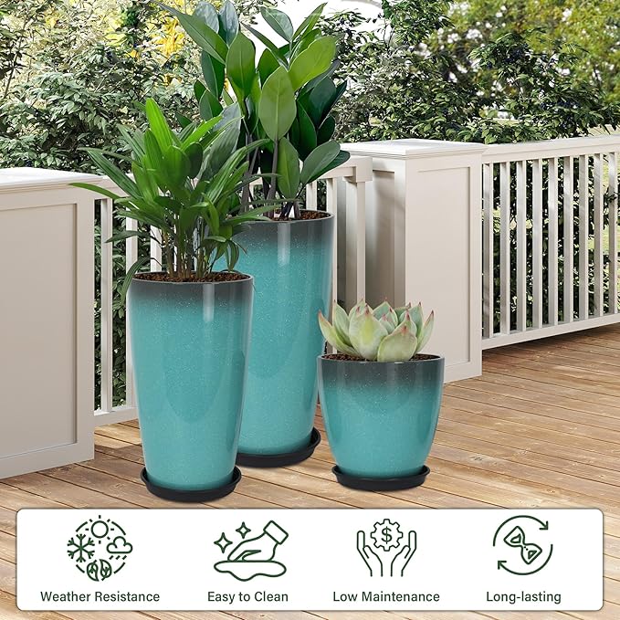 Neoaider 24/21/12 Inch Large Plastic Planter, Lightweight Ceramic-Look Tall Planters with Drain Hole & Saucers, Tall Plastic Planters for Porch, Garden, Patio, Balcony(Sky Blue)
