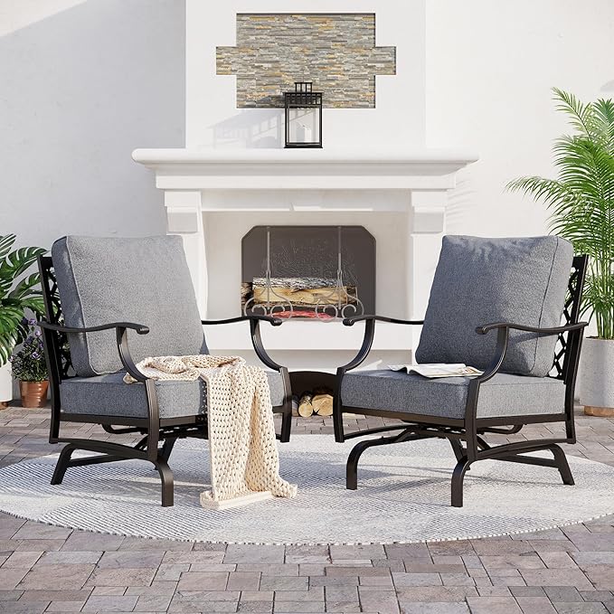 SUNSHINE VALLEY Metal Outdoor Rocker Patio Chairs Set of 2 with 5.75" Extra Thick Cushion, 2 Piece High Back Rocker Patio Chairs All Weather Outdoor Furniture Seating for Deck Balcony Porch, Gray