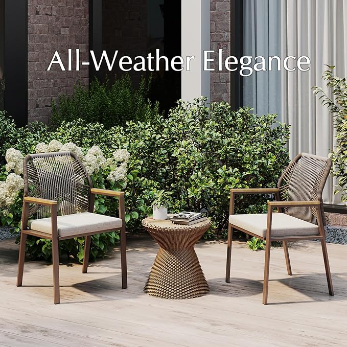 Aluminum Outdoor Patio Dining Chairs - Imitation Rope Vine Chair Ergonomic Backrest Design Detachable Seat Cushion Soft and Breathable Garden Porch Light Brown Set of 8