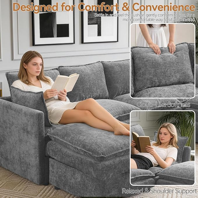 80" Modular L Shaped Storage Sofa with Ottoman, Cloud Sectional Sofa with Hidden Storage, Modern Chenille Couch with Ottoman for Living Room, Light Grey
