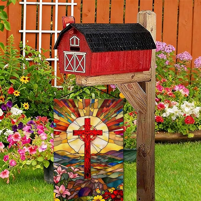 Christian Cross Religious Garden Flag Double Sided Jesus Stained Glass Style four season Garden Flag,Christ Garden Flags for Outside Lawn House Outdoor Yard Sign Garden Decor 12x18 Inch