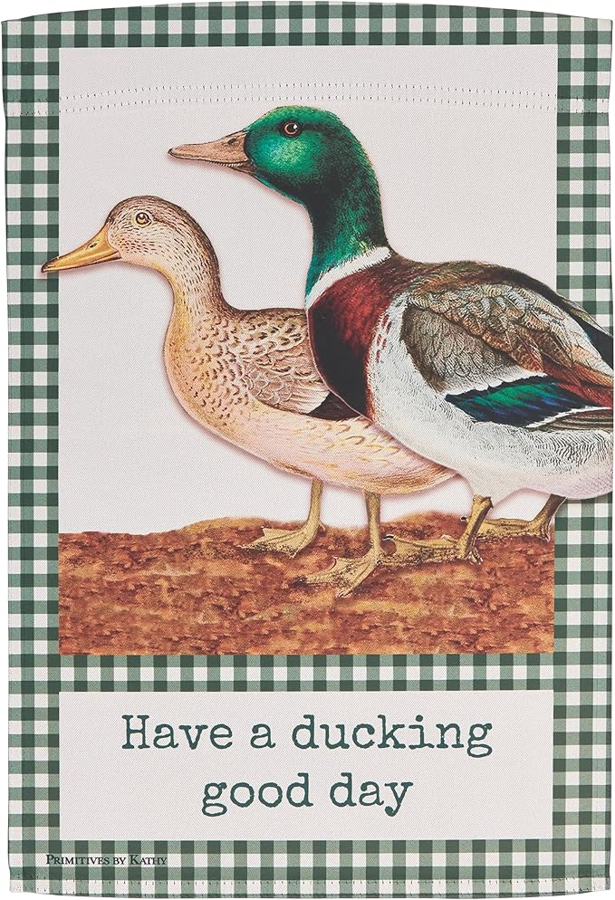 Primitives by Kathy Decorative Double-Sided Garden Flag - "A Ducking Good Day" funny pun, vintage art ducks, green gingham border design, weather resistant, fun yard garden accent