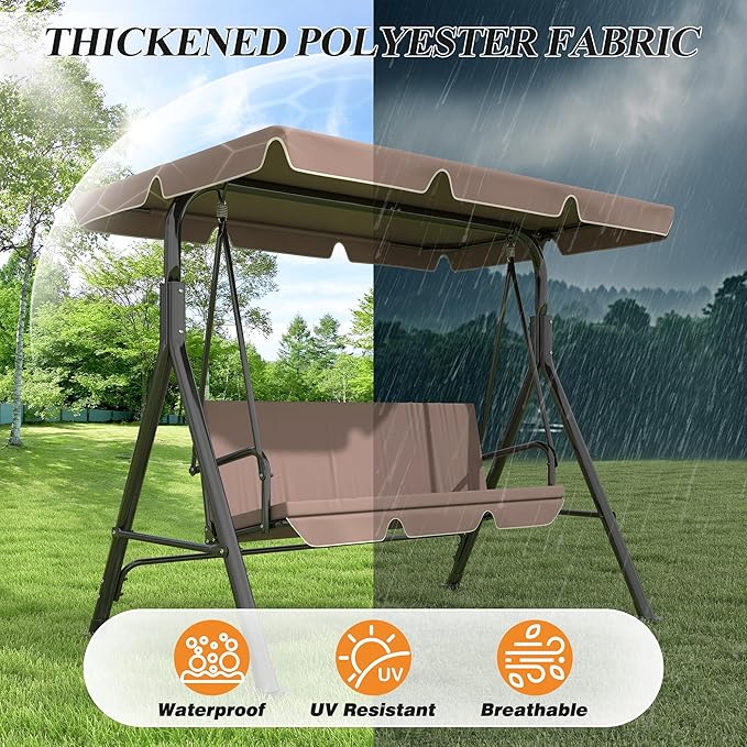 GARTOO 3-Seat Patio Swing Chair, Outdoor Porch Swing with Adjustable Canopy and Durable Steel Frame for Patio, Garden, Poolside(Brown)