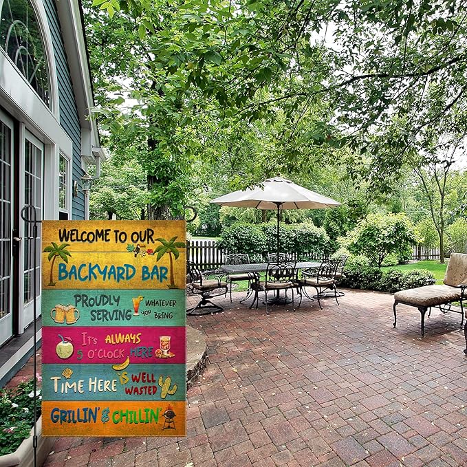 Snycler Welcome To Our Backyard Garden Flag, Swimming Pool Decor Classic Garden Signs Gift For Summer Vibes, Friends Party Decorative Signs For Yard (Backyard Bar) 12 x 18 Inch