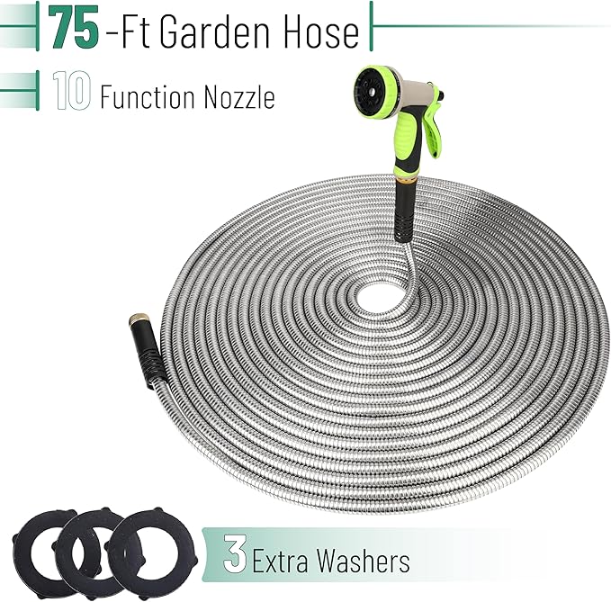 UNCO- Stainless Steel Metal Hose with 10 Functions Spray Nozzle, 75 ft, No Kink, Metal Garden Hose