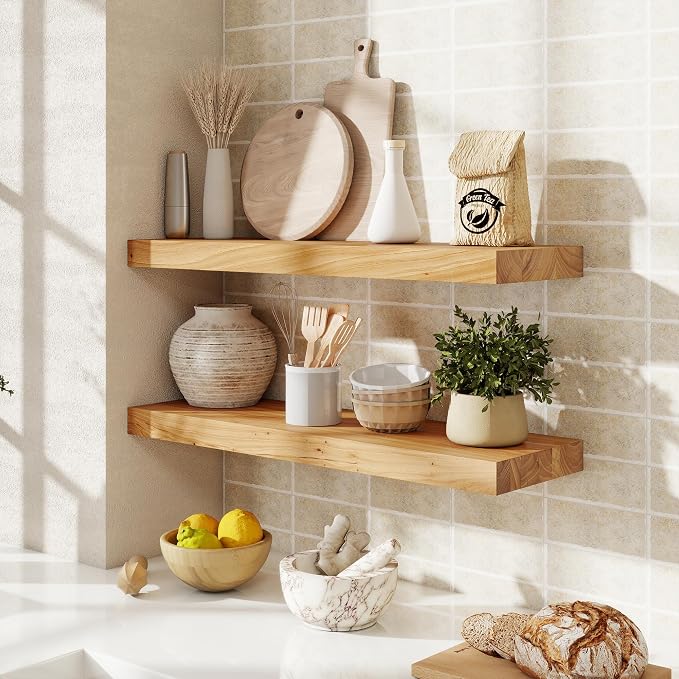 fuqing Floating Shelves for Wall, 24 Inch Rustic Solid Elm Wood Shelves
