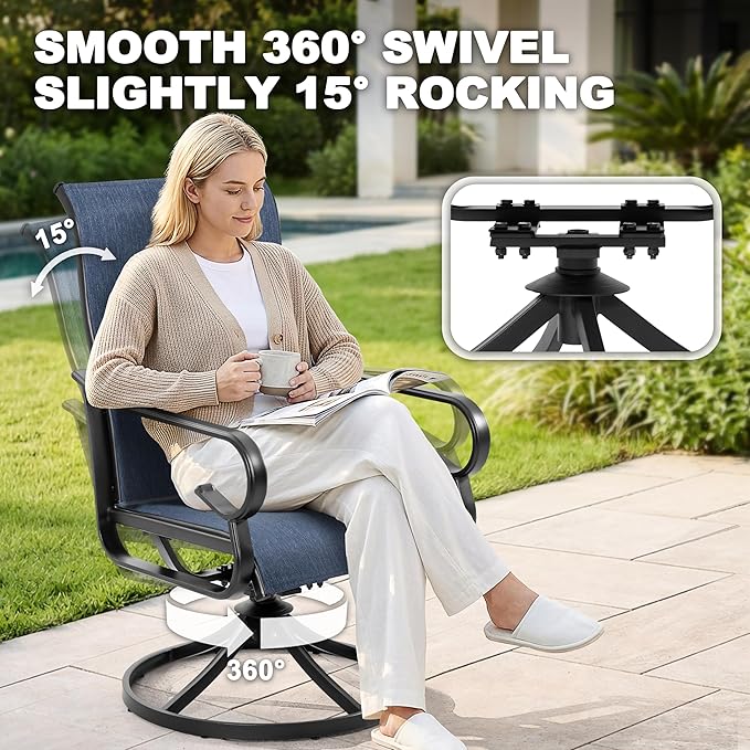 NUU GARDEN Patio Swivel Dining Chairs Set of 2, All-Weather Outdoor Swivel Rocker Chairs with High Back Textilene Seat, for Lawn Porch Garden, Blue